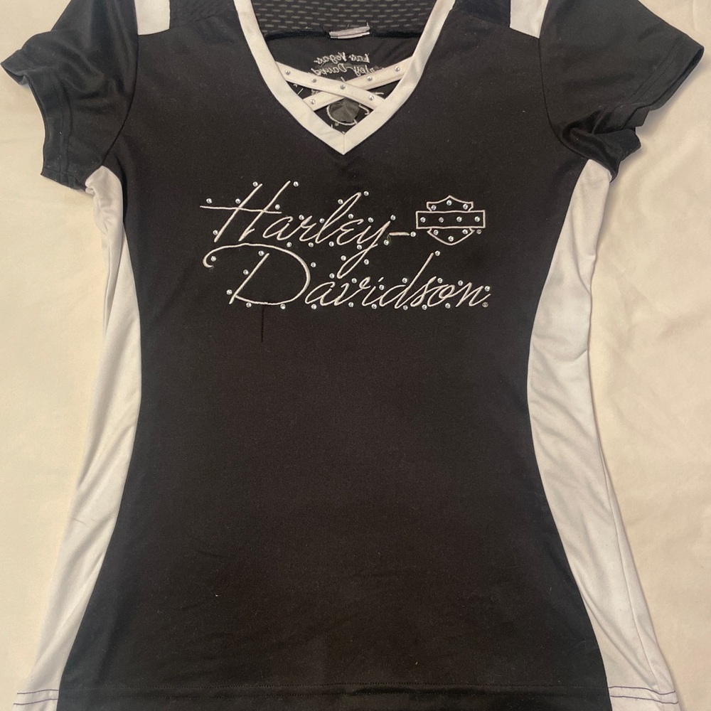 Harley-Davidson Women's Black and White V-Neck Tee